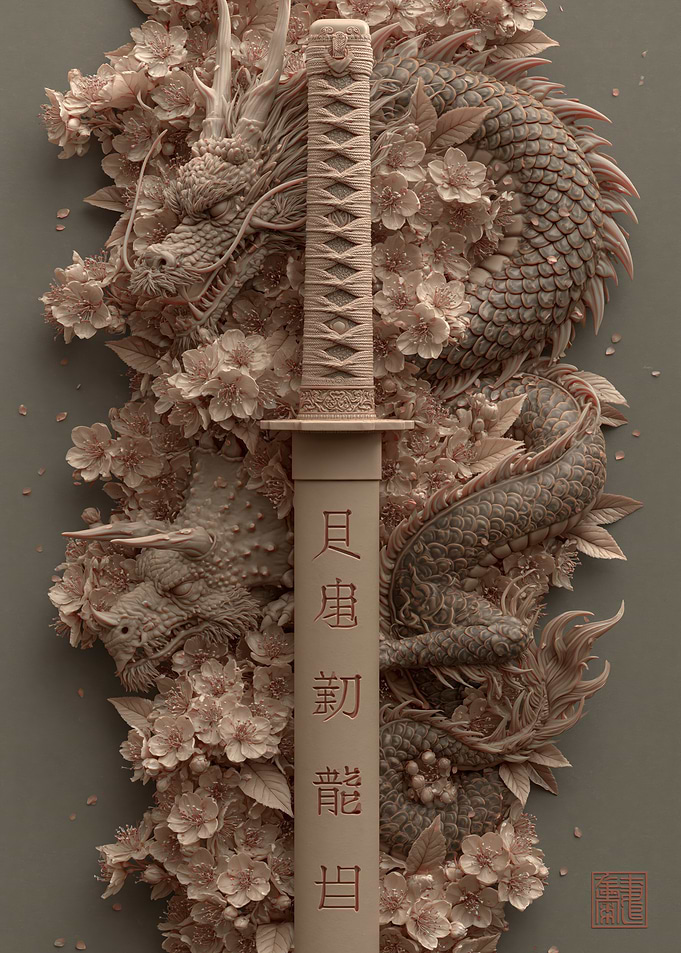 Dragon and Cherry Blossom Katana