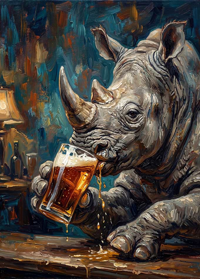 Rhino drinking beer in a bar