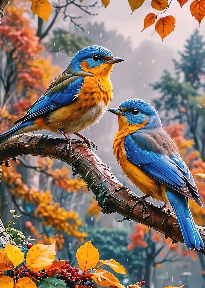 Two blue and orange birds on a branch