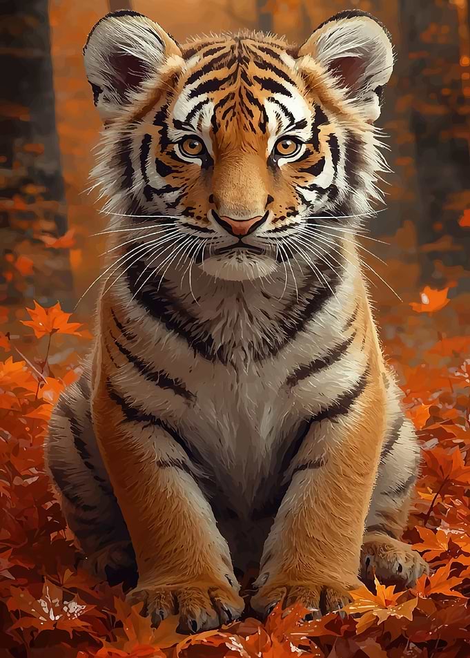 Cute Tiger Cub in Autumn Leaves