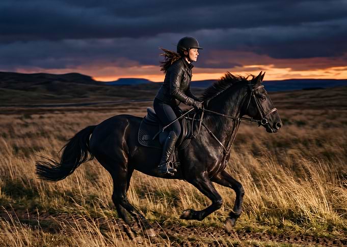Woman riding a black horse at sunset