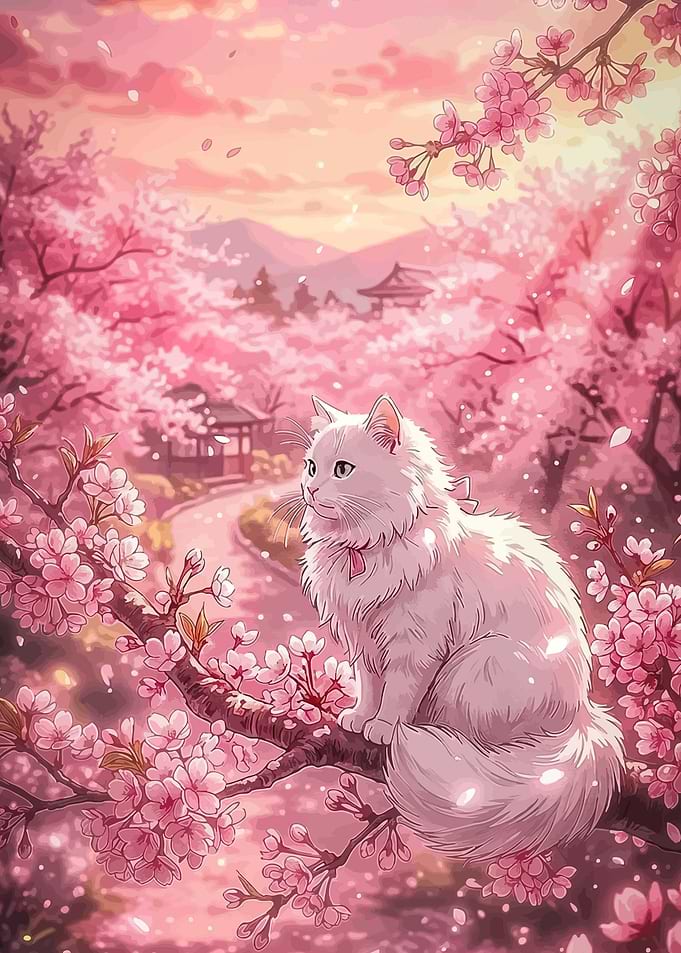 White Cat in Cherry Blossoms