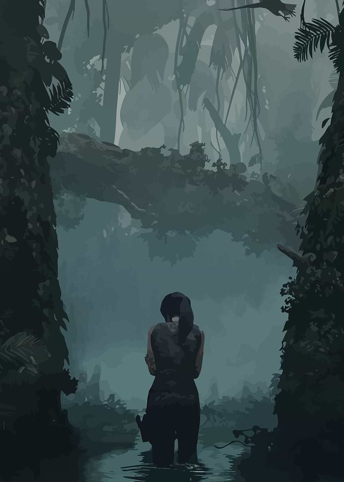Lara Croft in a Misty Jungle