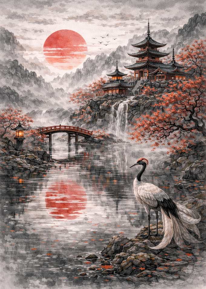 Japanese Landscape with Crane and Pagodas