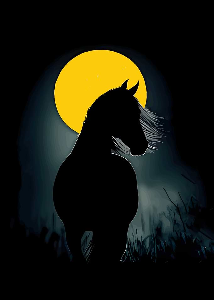Horse silhouetted against a full moon