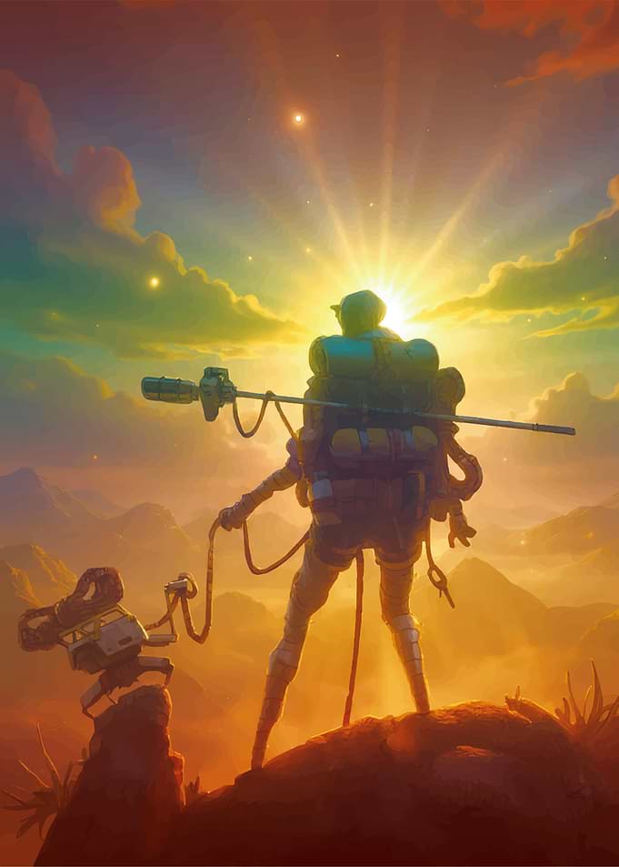 Astronaut on alien planet at sunrise