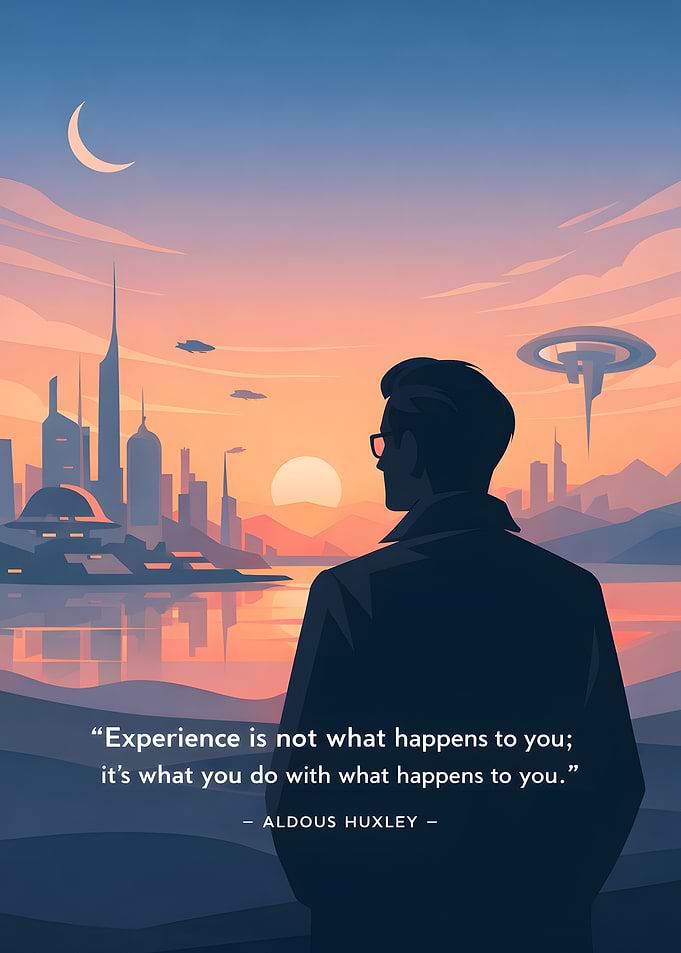 Man overlooking futuristic cityscape at sunset