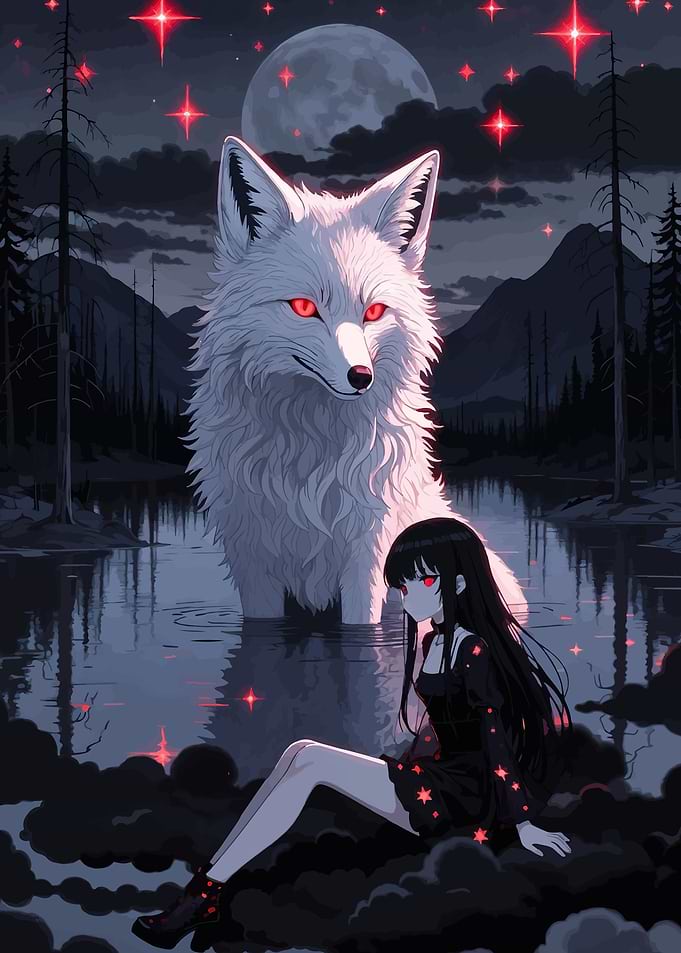 Anime Girl and White Wolf by Moonlit Lake