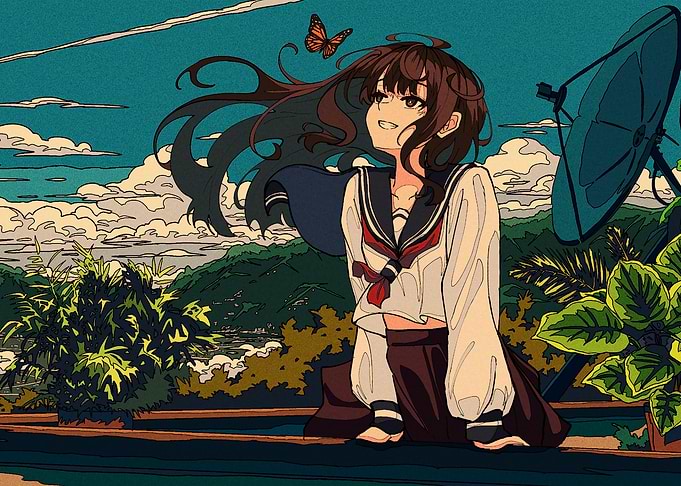 Anime Girl in Sailor Uniform with Butterfly