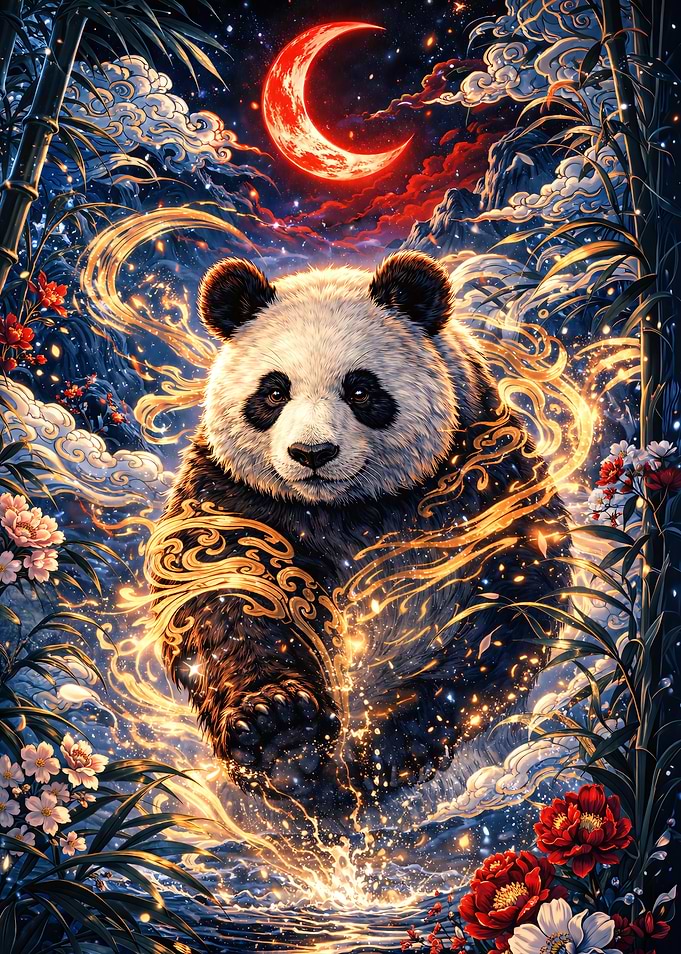 Mystical Panda Under a Blood Moon