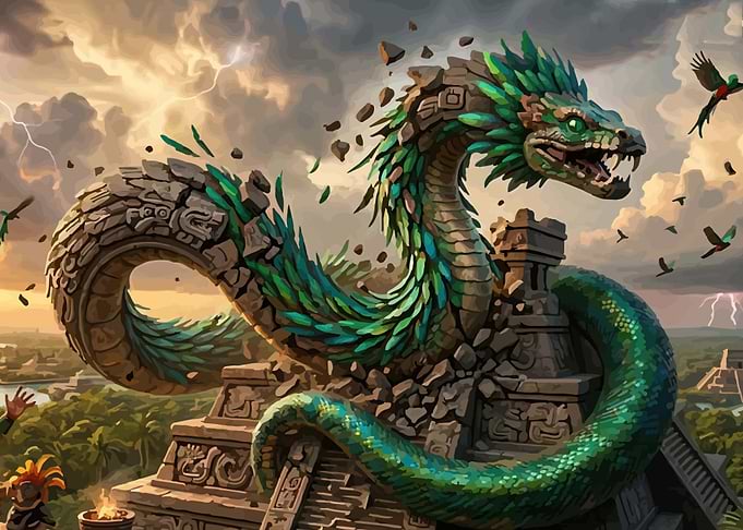 Feathered Serpent God Emerging from Ruins