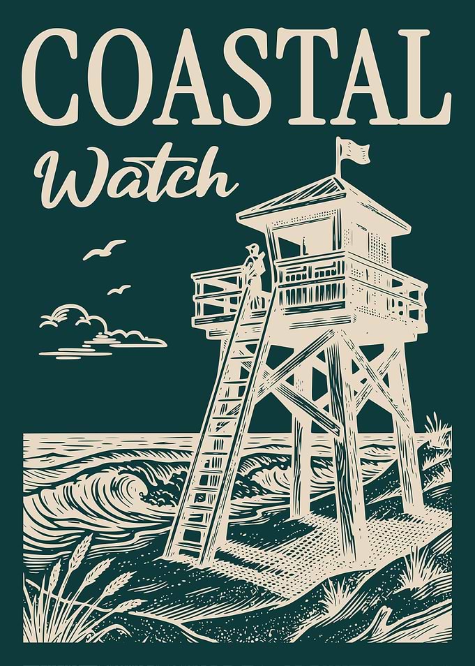Lifeguard Tower Beach Waves Vintage Engraving Coastal Poster Ocean Watchtower Wall Art