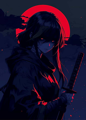 Anime Samurai with Red Moon