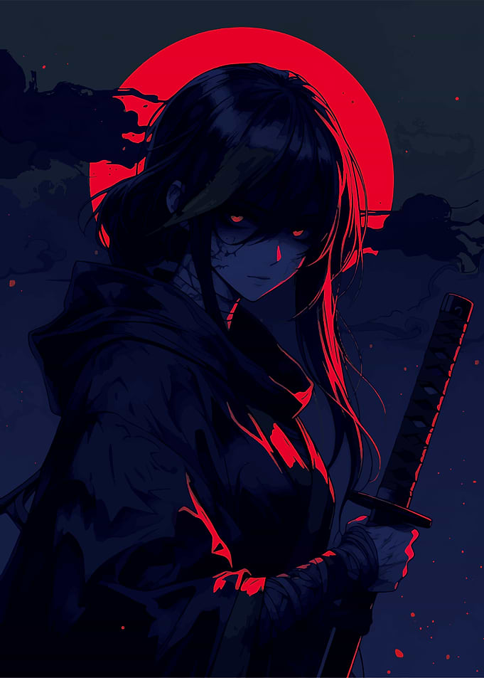 Anime Samurai with Red Moon
