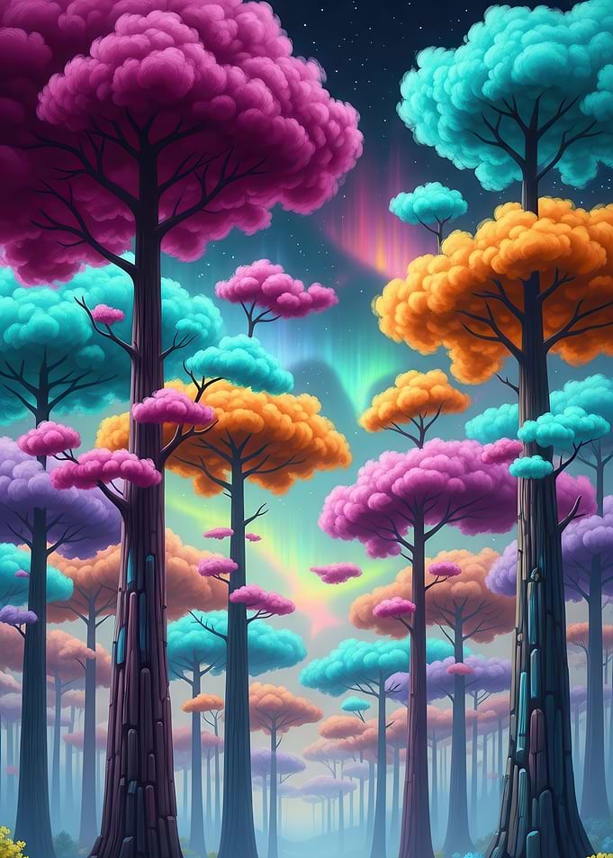 Enchanted Forest with Aurora Borealis