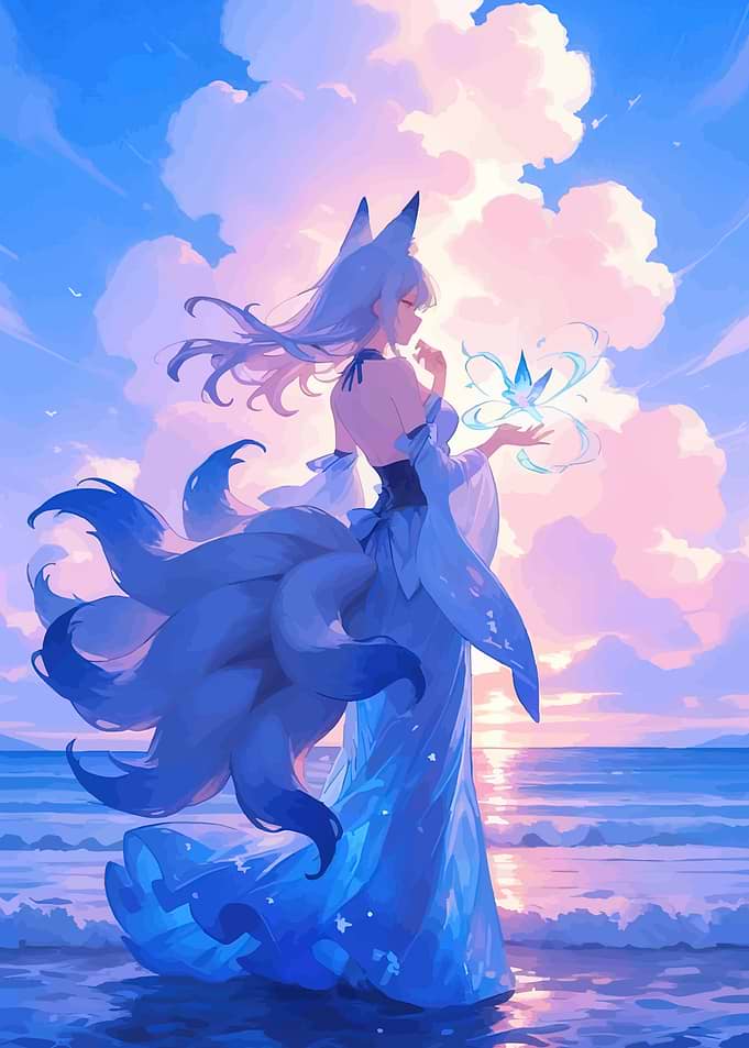 Kitsune by the Ocean at Sunset