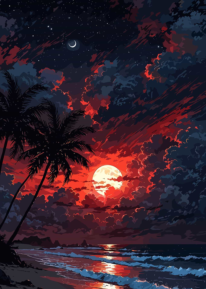 Crimson Sunset Beach with Palm Trees