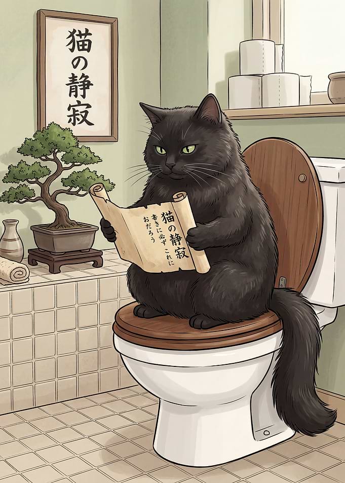 Black Cat Reading Scroll on Toilet