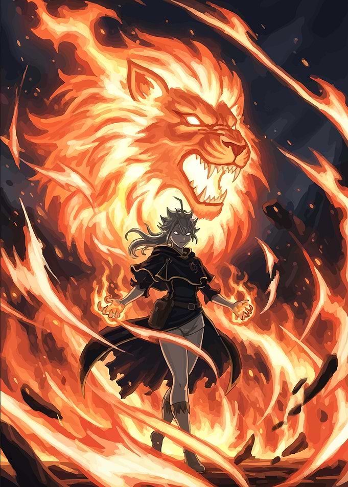Anime character with fire lion spirit