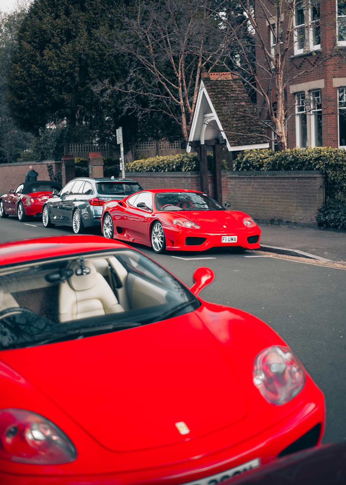 Red Ferraris Lined Up on Street
