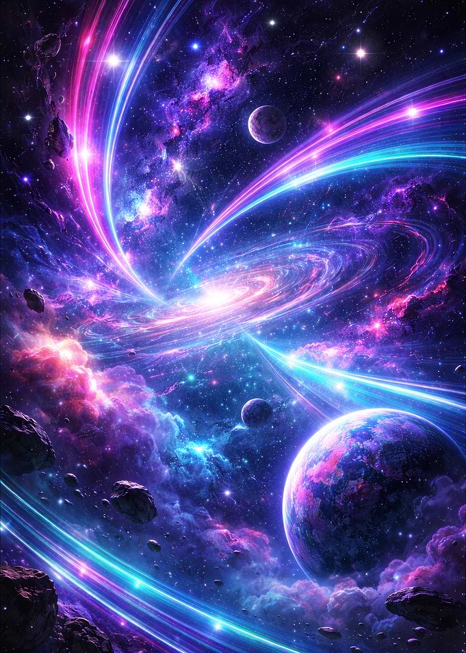 Vibrant Cosmic Galaxy with Planets