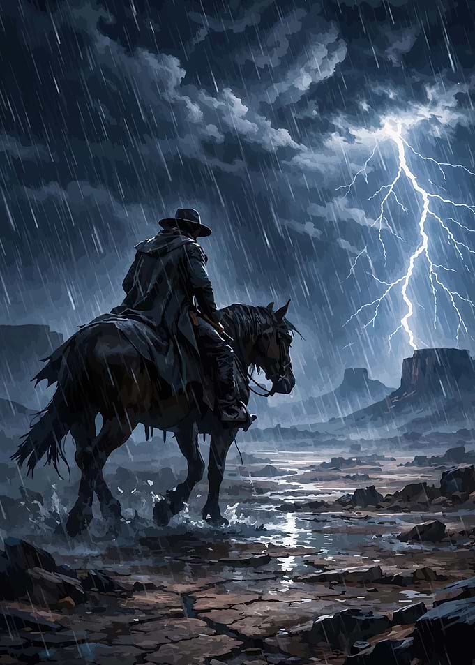 Cowboy Riding Horse in Lightning Storm