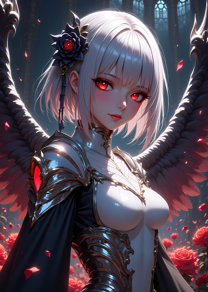 Anime Angel with Red Eyes and Roses