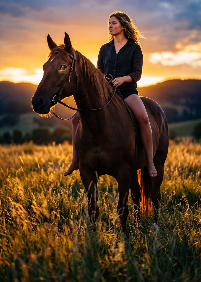 Woman riding a horse at sunset