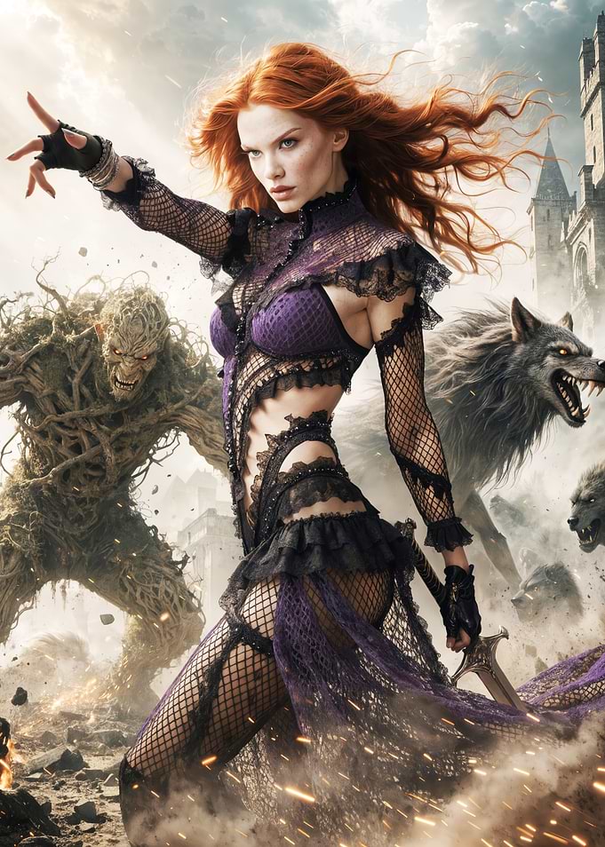 Fantasy Warrior Queen and Monsters
