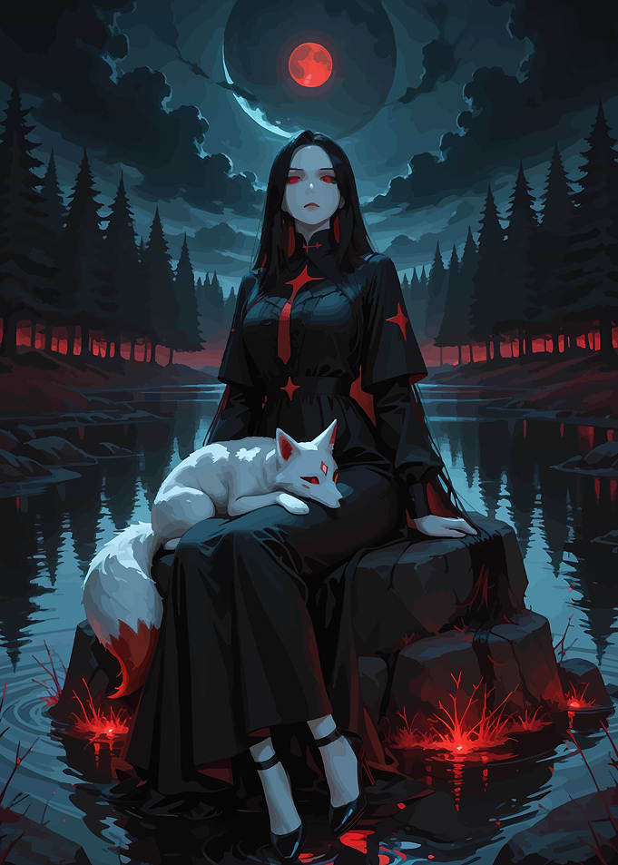 Gothic Woman with Fox Under Red Moon