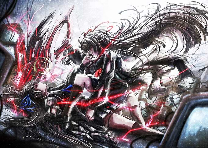 Two anime girls in a dark, chaotic scene