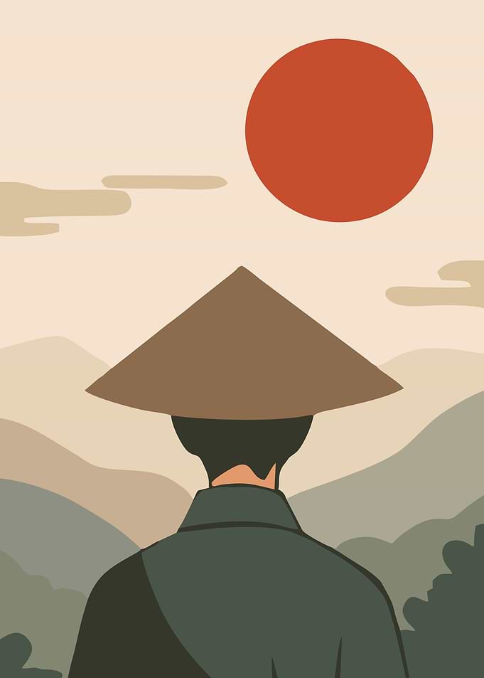 Man in Conical Hat Facing Sunrise