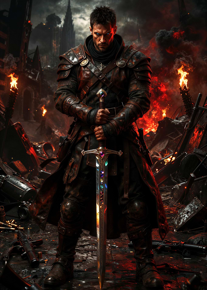 Warrior with jeweled sword in fiery ruins