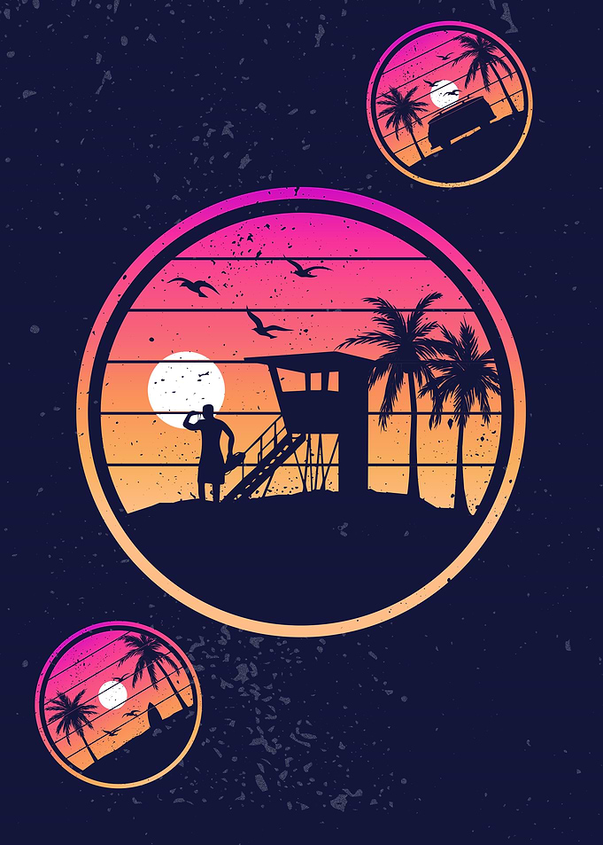 Retro Sunset Beach Scene with Lifeguard Tower