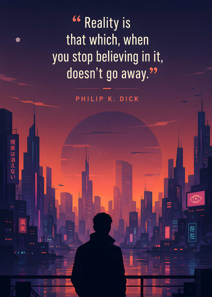 Man overlooking futuristic cityscape at sunset