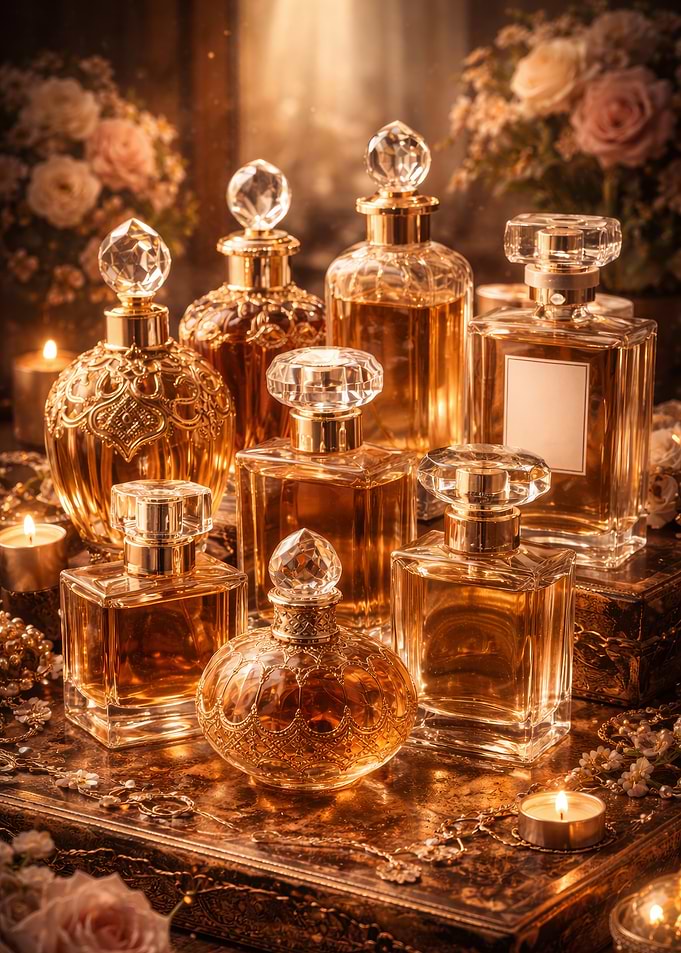 Luxurious Perfume Bottles and Flowers