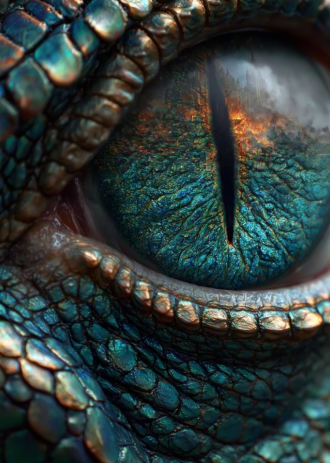 Dragon Eye Reflecting a Burning Forest