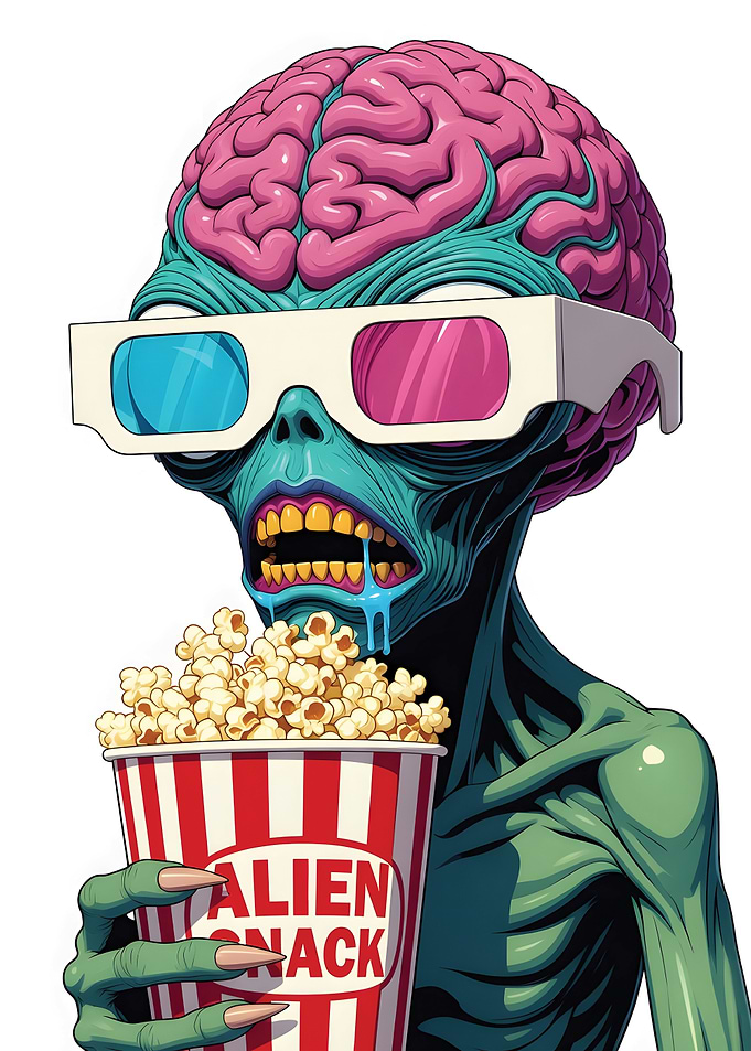 Alien Eating Popcorn with 3D Glasses