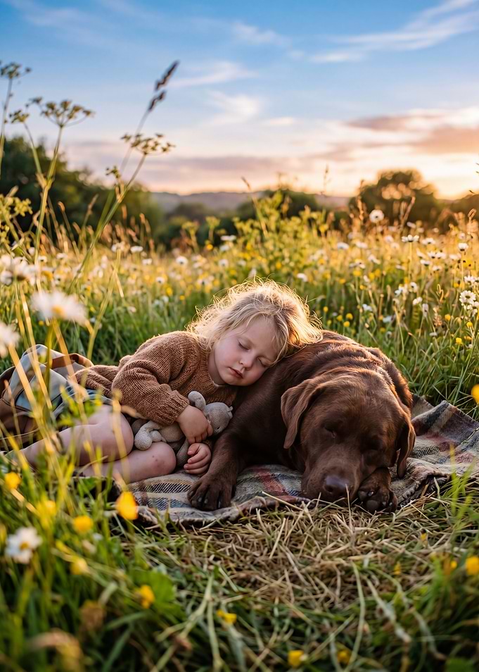 Child and dog sleeping in a field