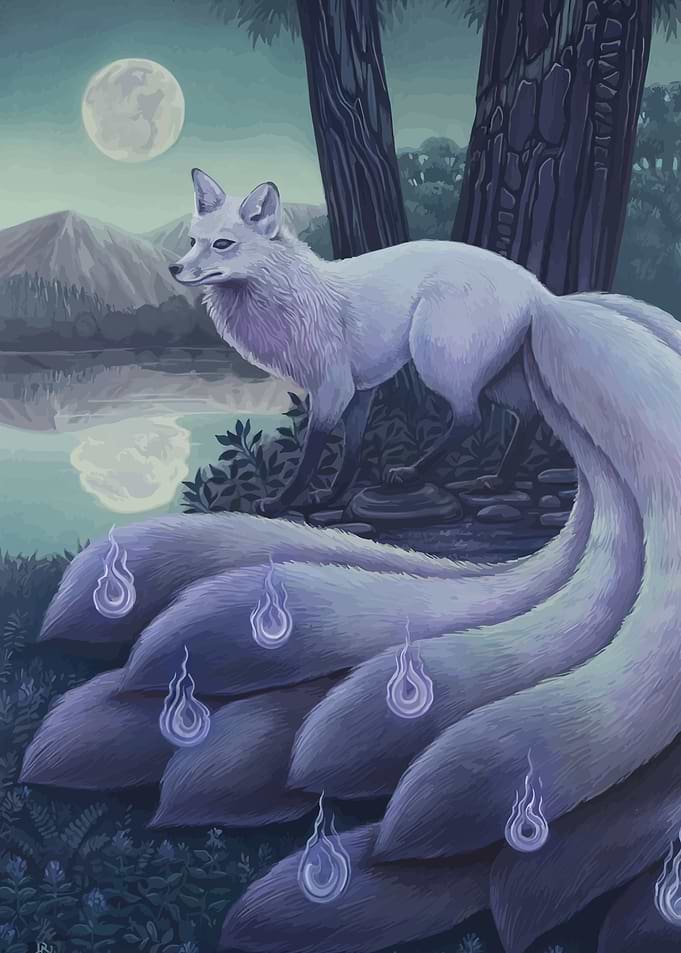 Mythical White Fox with Nine Tails