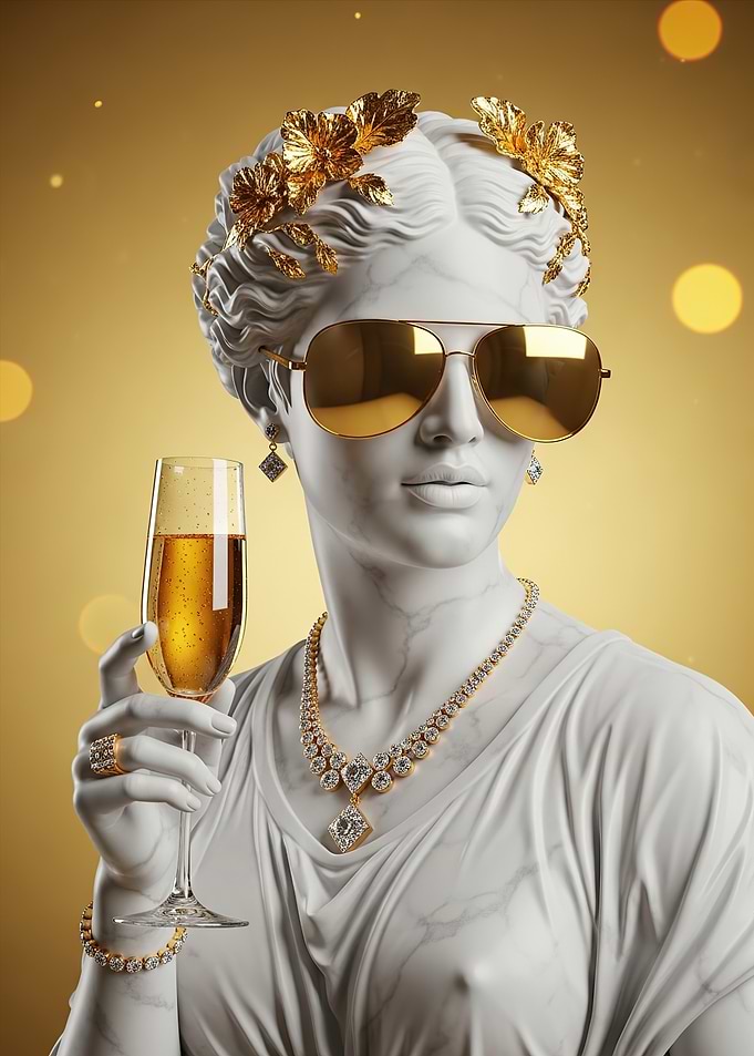 Statue with Champagne and Jewelry