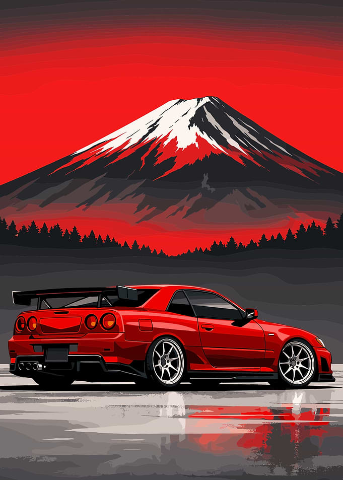 Red Sports Car with Mount Fuji