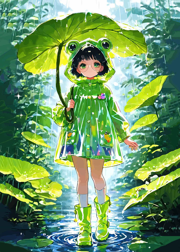 Cute Frog Girl in Rain