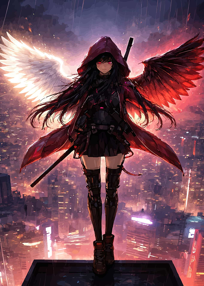 Anime Angel Warrior in Cityscape