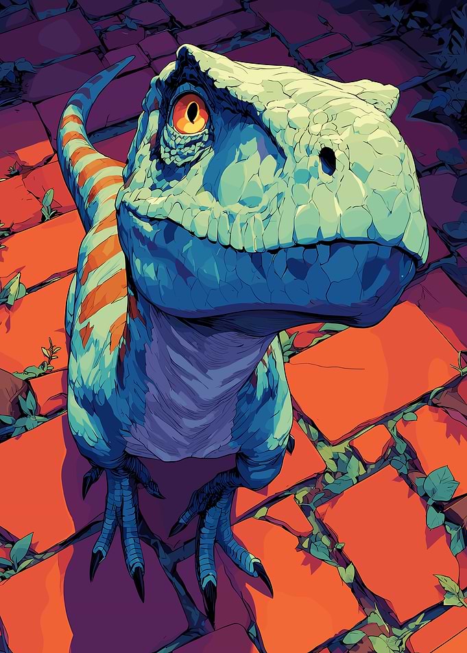 Blue Raptor Dinosaur on Red Tiles
