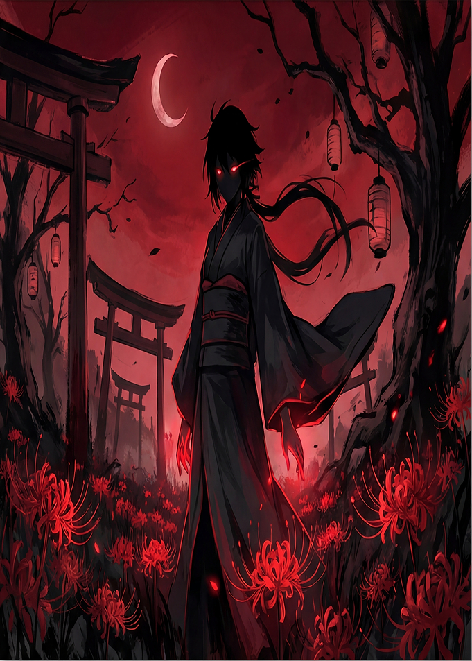 Anime Character in Red Moonlit Shrine