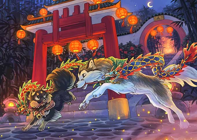 Dogs with Dragon Decorations at Night