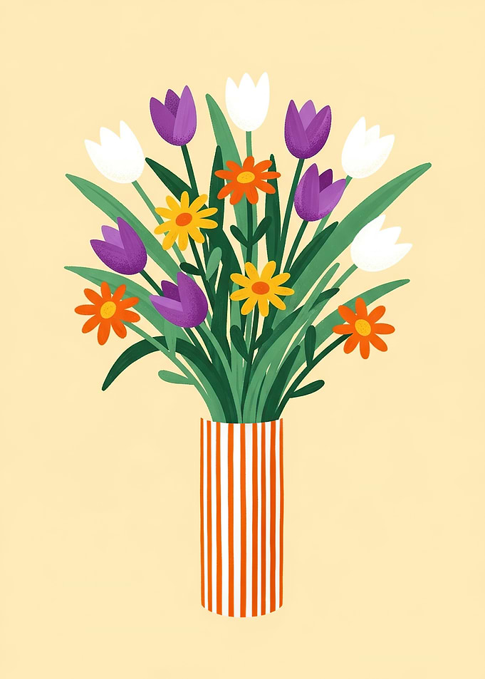 Vase of Colorful Tulips and Daisies