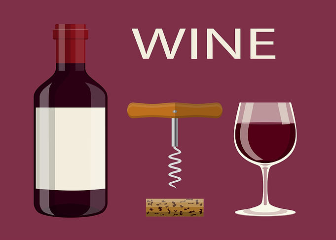 Wine bottle, corkscrew, and glass