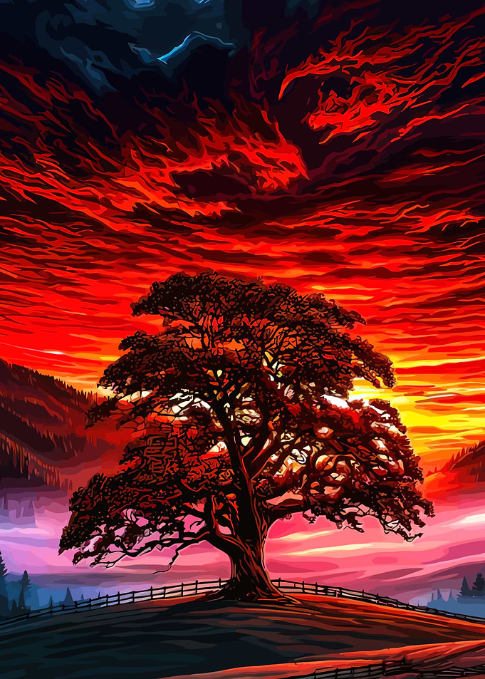 Fiery Sunset Over a Lone Tree